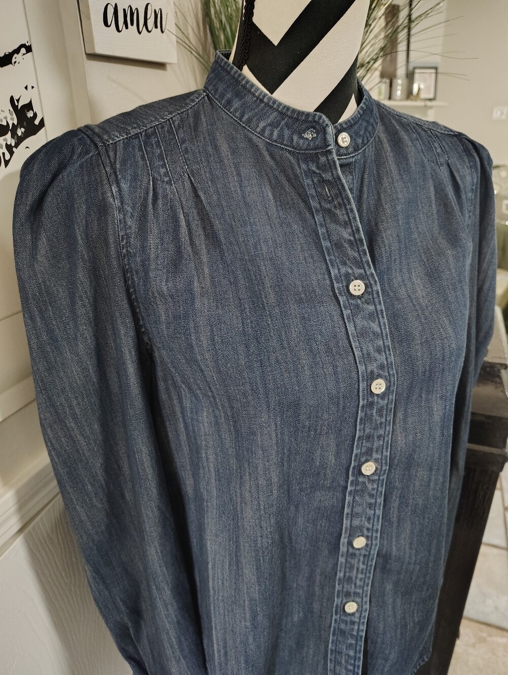 FRAME $268 Charlie Puff-Sleeve Denim Top Women's Small "Gorham" Dark Wash - Picture 9 of 15